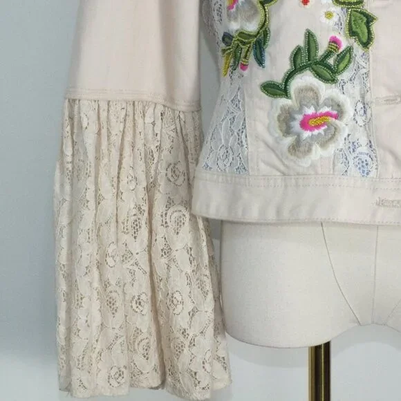 Vintage Boston Proper Small Beaded Floral Embroidered Denim Jacket Lace Cuffs - Picture 3 of 15